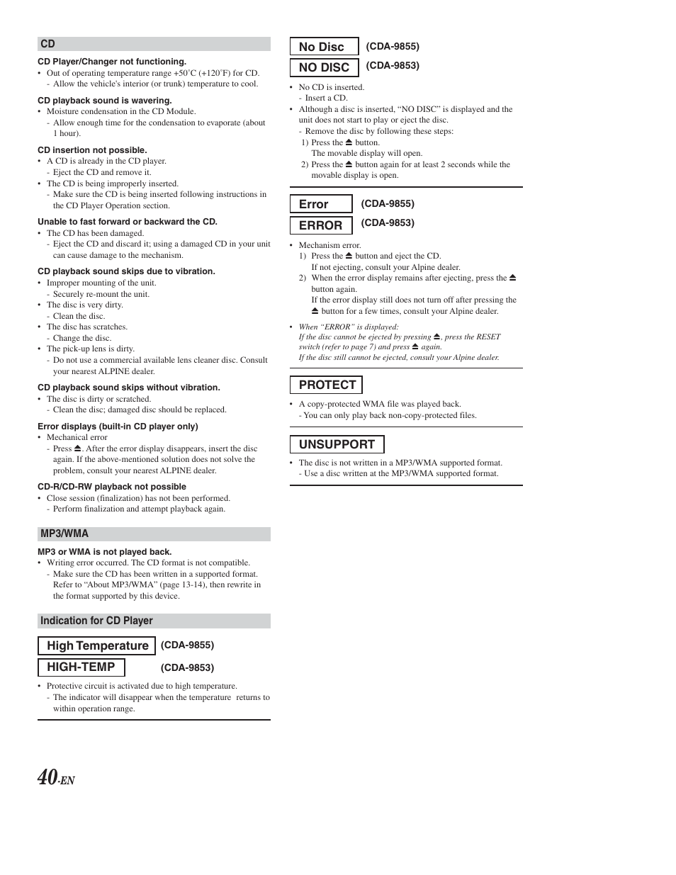 Messages, High temperature high-temp, No disc no disc | Error error, Protect, Unsupport | Alpine CDA-9853 User Manual | Page 41 / 55