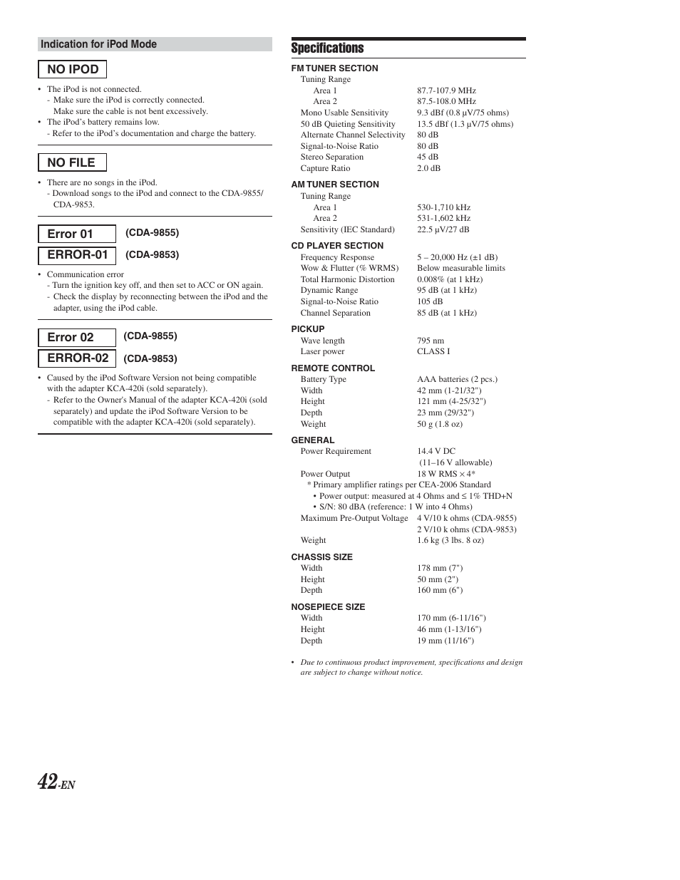 Specs, Specifications, No ipod | No file, Error 01 error-01, Error 02 error-02 | Alpine CDA-9853 User Manual | Page 43 / 55