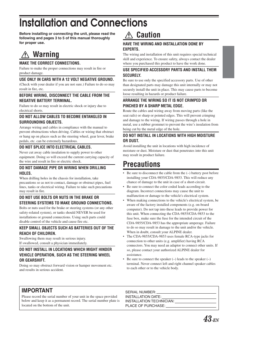 Installation & connections, Installation and connections, Warning | Caution, Precautions, Important | Alpine CDA-9853 User Manual | Page 44 / 55