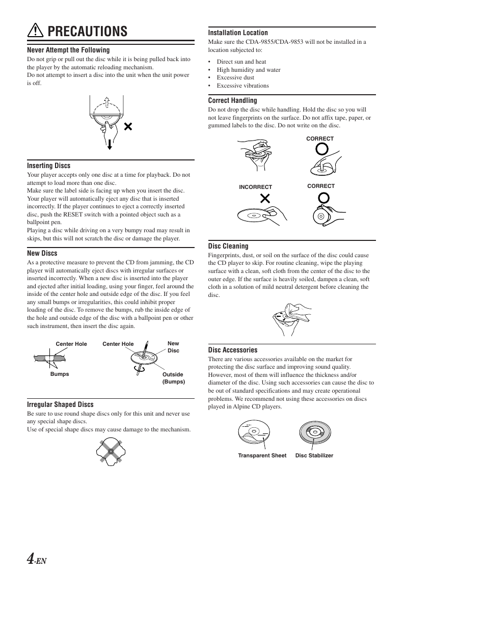 Precautions | Alpine CDA-9853 User Manual | Page 5 / 55