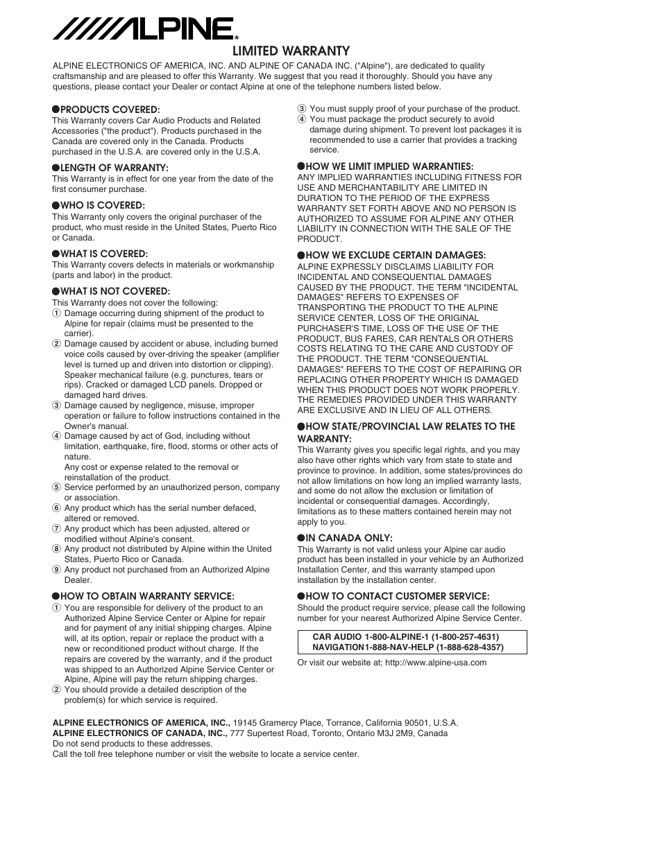 Warranty, Limited warranty | Alpine CDA-9853 User Manual | Page 50 / 55