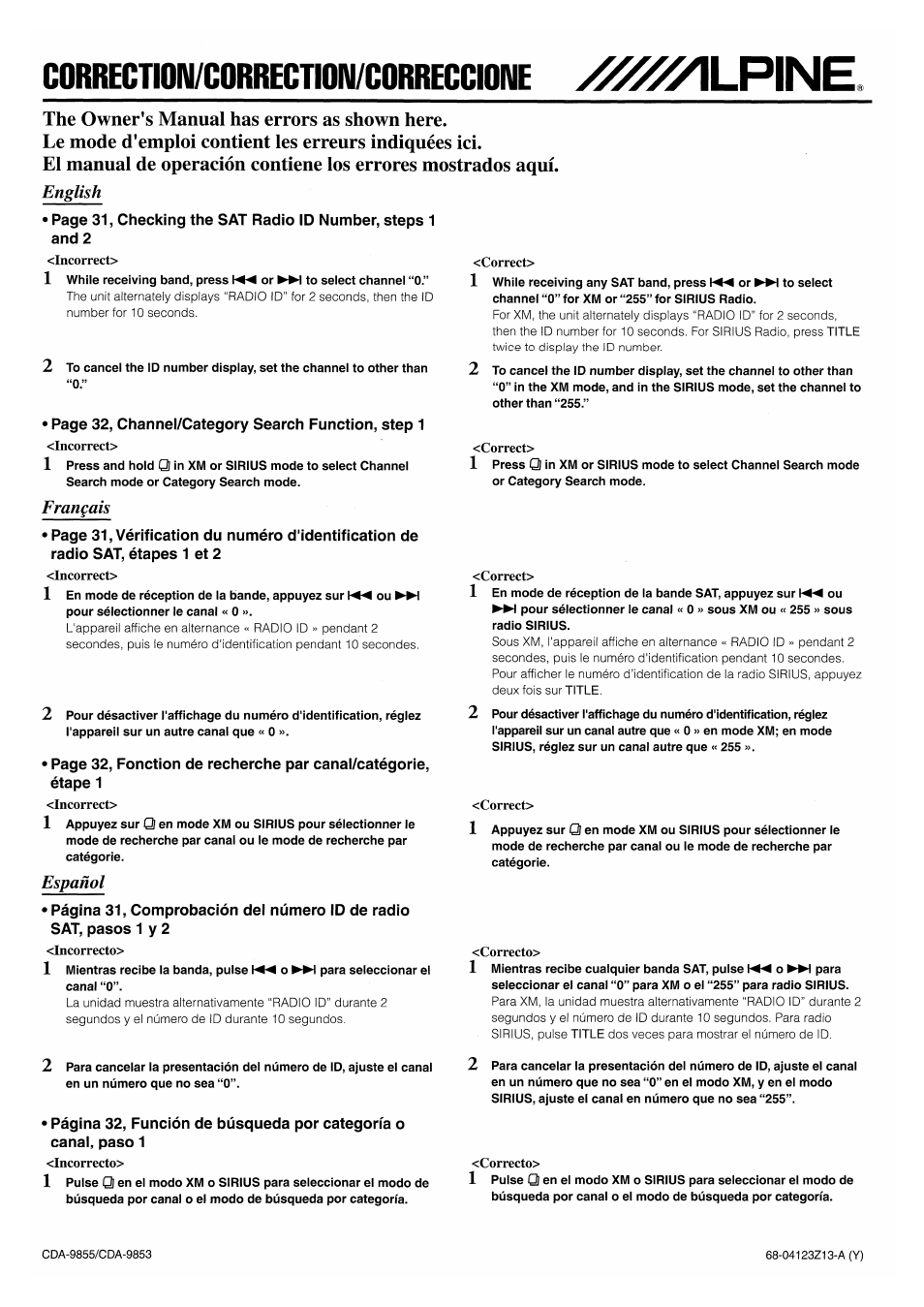 Corrections to manual | Alpine CDA-9853 User Manual | Page 51 / 55