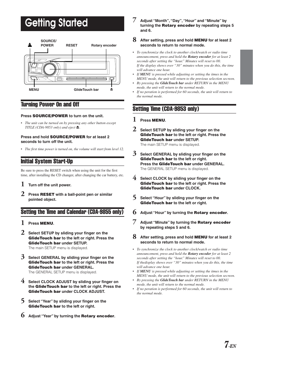 Reset, Clock set, Getting started | Power on / off, Time / calendar set - cda-9855, Clock set - cda-9853, Turning power on and off, Initial system start-up, Setting the time and calendar (cda-9855 only), Setting time (cda-9853 only) | Alpine CDA-9853 User Manual | Page 8 / 55