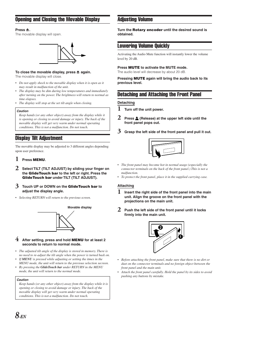 Opening / closing the faceplate, Adjusting faceplate tilt, Volume / mute | Removing / attaching faceplate, Opening and closing the movable display, Display tilt adjustment, Adjusting volume, Lowering volume quickly, Detaching and attaching the front panel | Alpine CDA-9853 User Manual | Page 9 / 55