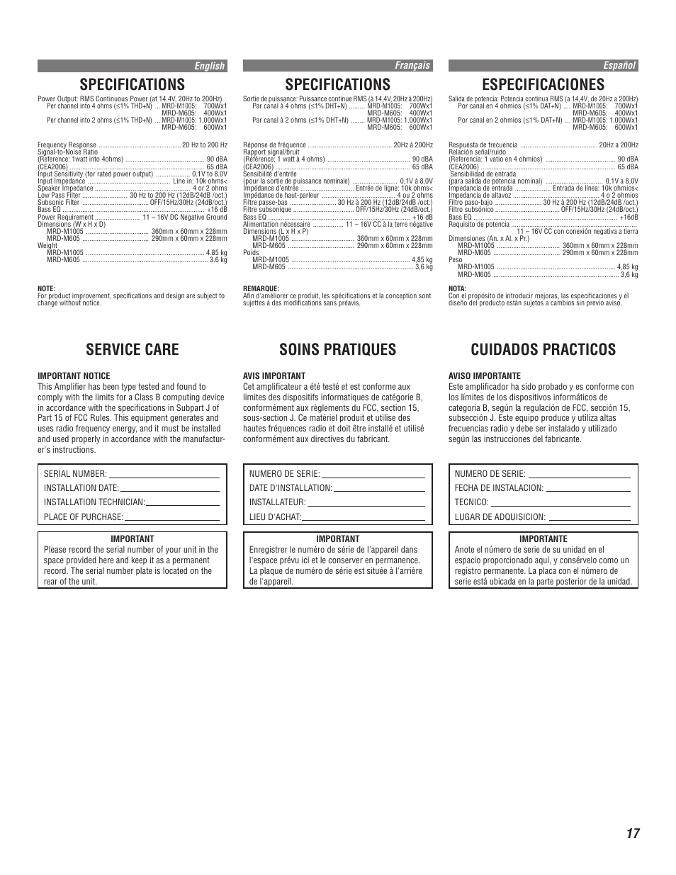 Service care, Soins pratiques, Cuidados practicos | Specifications, Especificaciones | Alpine MRD-M1005 User Manual | Page 17 / 20