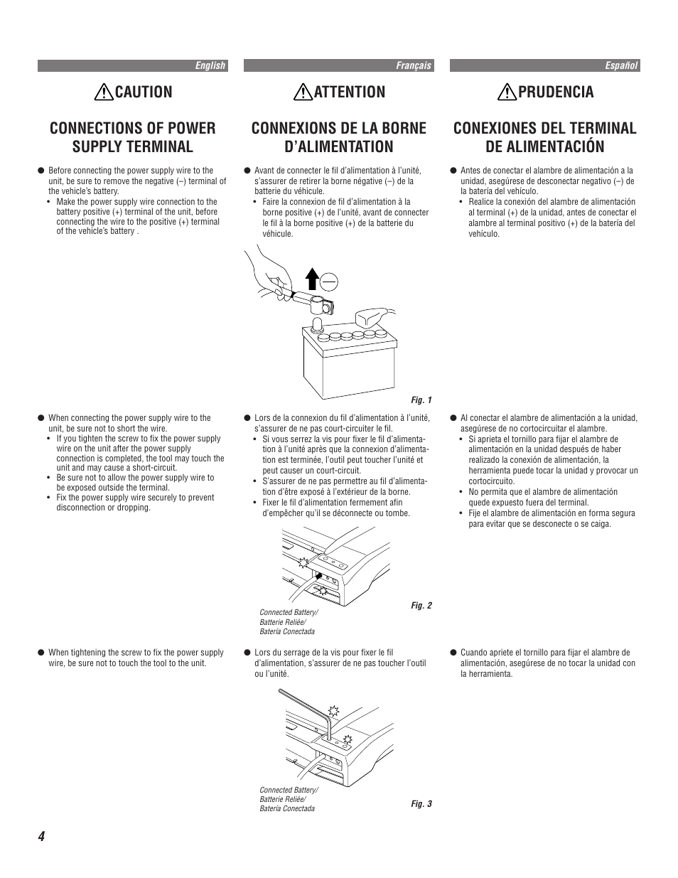 Caution connections of power supply terminal, Attention connexions de la borne d’alimentation, Prudencia conexiones del terminal de alimentación | Alpine MRD-M1005 User Manual | Page 4 / 20