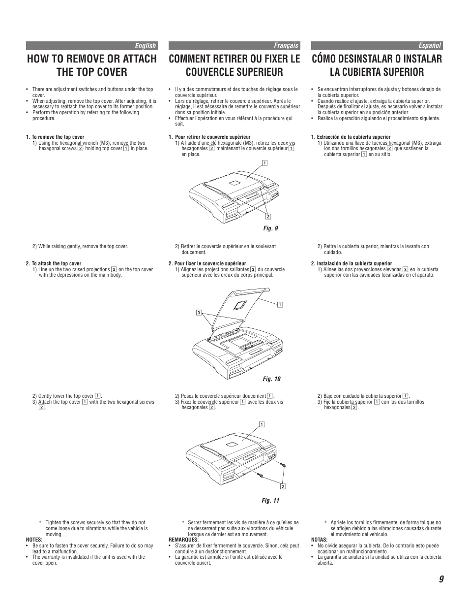 How to remove or attach the top cover, Comment retirer ou fixer le couvercle superieur, Cómo desinstalar o instalar la cubierta superior | Alpine MRD-M1005 User Manual | Page 9 / 20