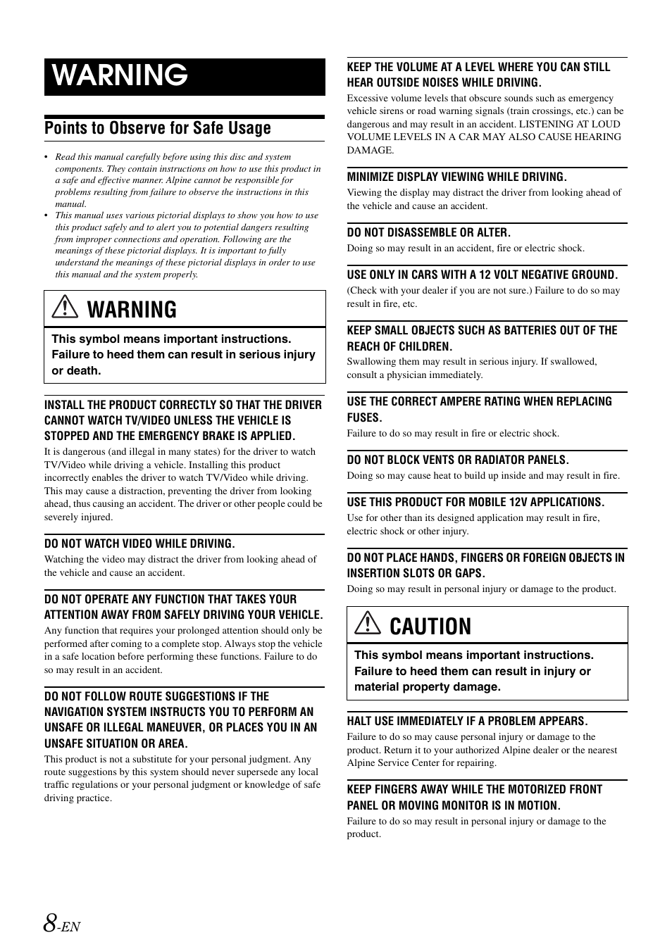 Warning, Points to observe for safe usage, Caution | Alpine INA-W900 User Manual | Page 10 / 101