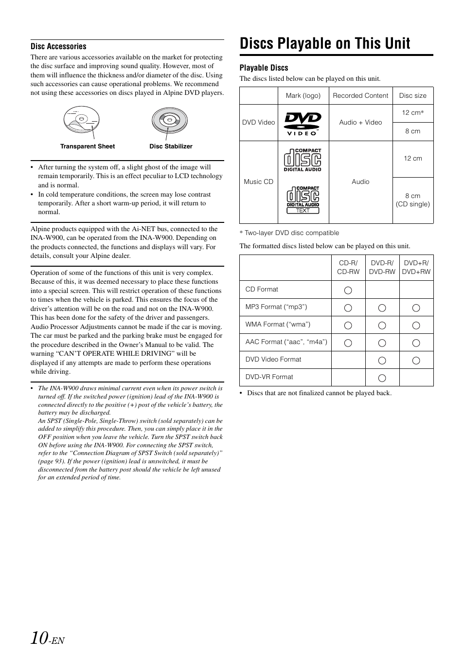 Discs playable on this unit | Alpine INA-W900 User Manual | Page 12 / 101