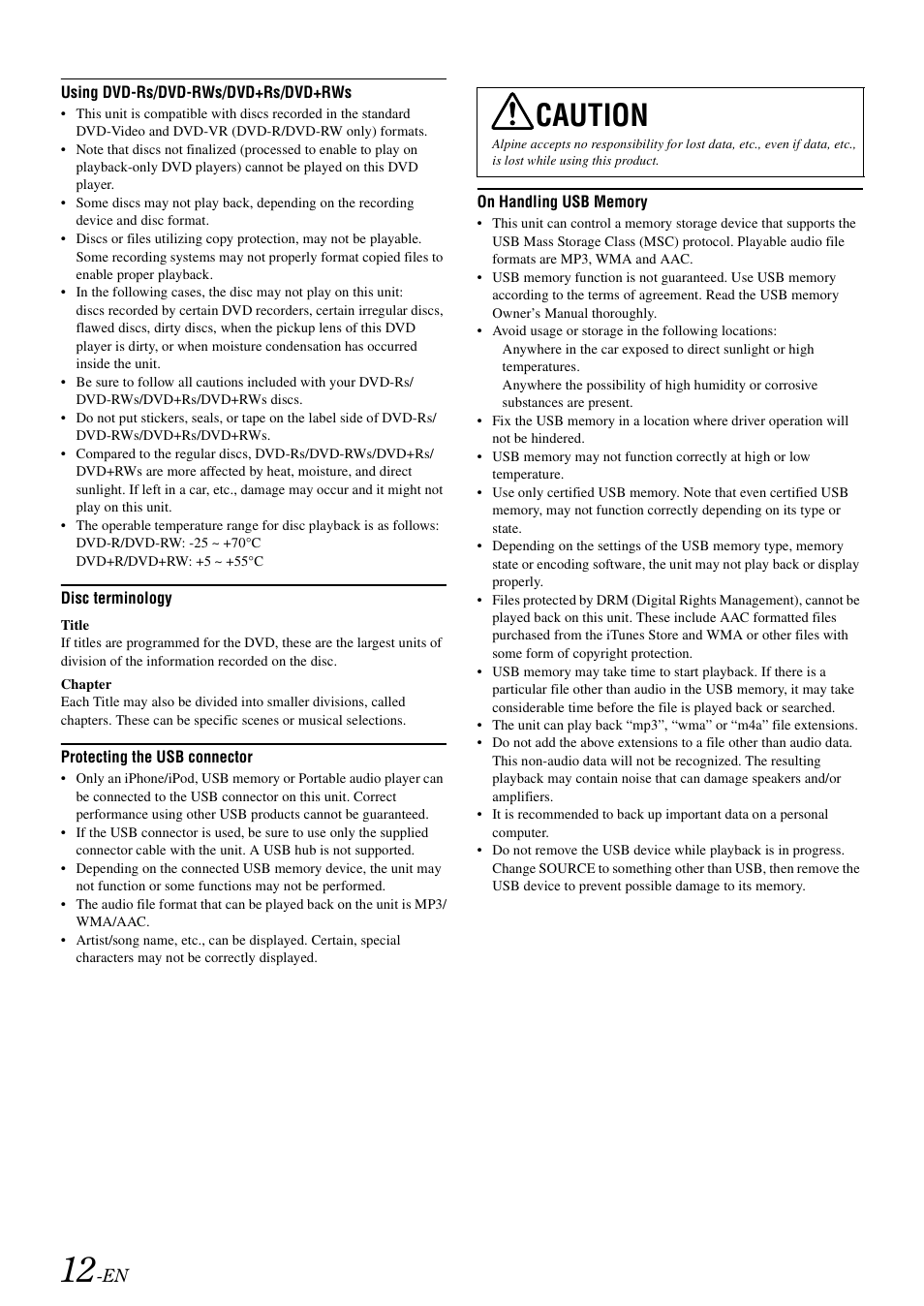Caution | Alpine INA-W900 User Manual | Page 14 / 101