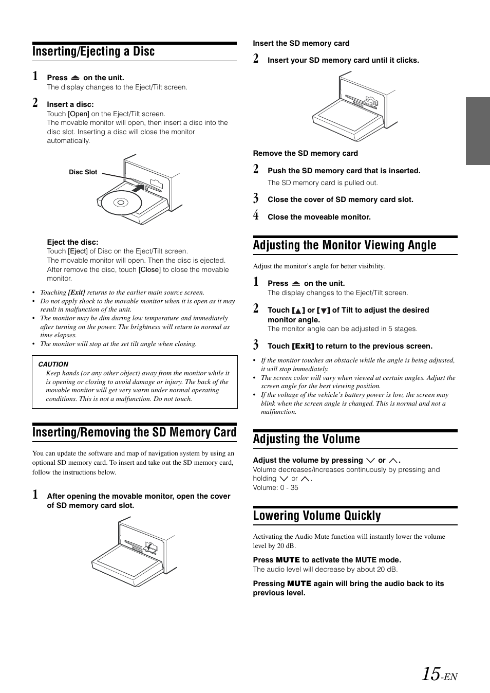 Inserting/ejecting a disc, Inserting/removing the sd memory card, Adjusting the monitor viewing angle | Adjusting the volume, Lowering volume quickly | Alpine INA-W900 User Manual | Page 17 / 101