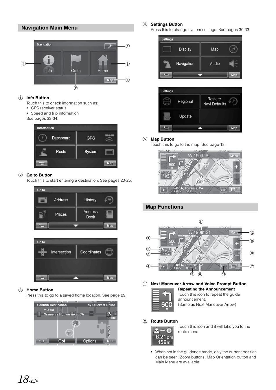 Navigation main menu, Map functions, Navigation main menu map functions | Alpine INA-W900 User Manual | Page 20 / 101