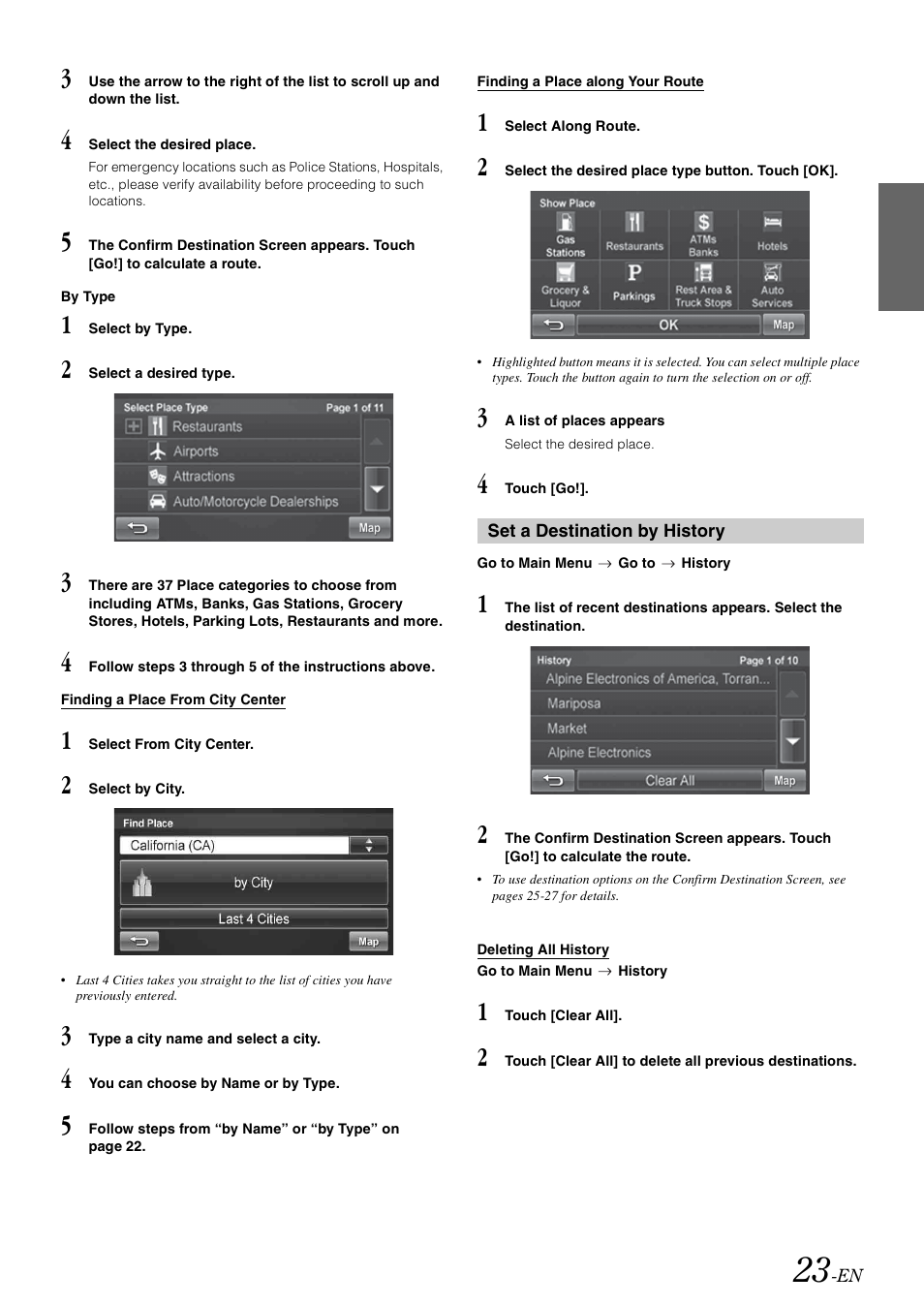 Set a destination by history, 23 for | Alpine INA-W900 User Manual | Page 25 / 101