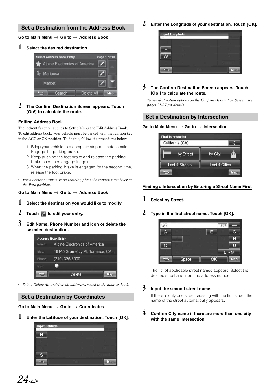 Set a destination from the address book, Set a destination by coordinates, Set a destination by intersection | Set a destination from the, Address book | Alpine INA-W900 User Manual | Page 26 / 101