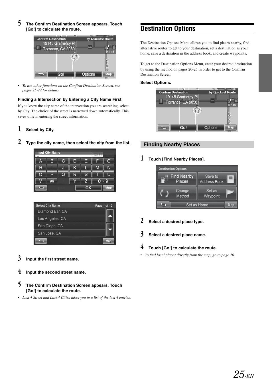 Destination options, Finding nearby places | Alpine INA-W900 User Manual | Page 27 / 101
