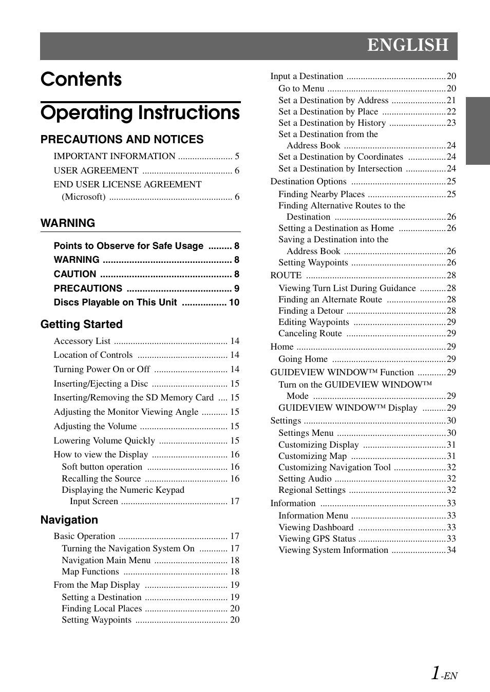 Contents operating instructions, English | Alpine INA-W900 User Manual | Page 3 / 101