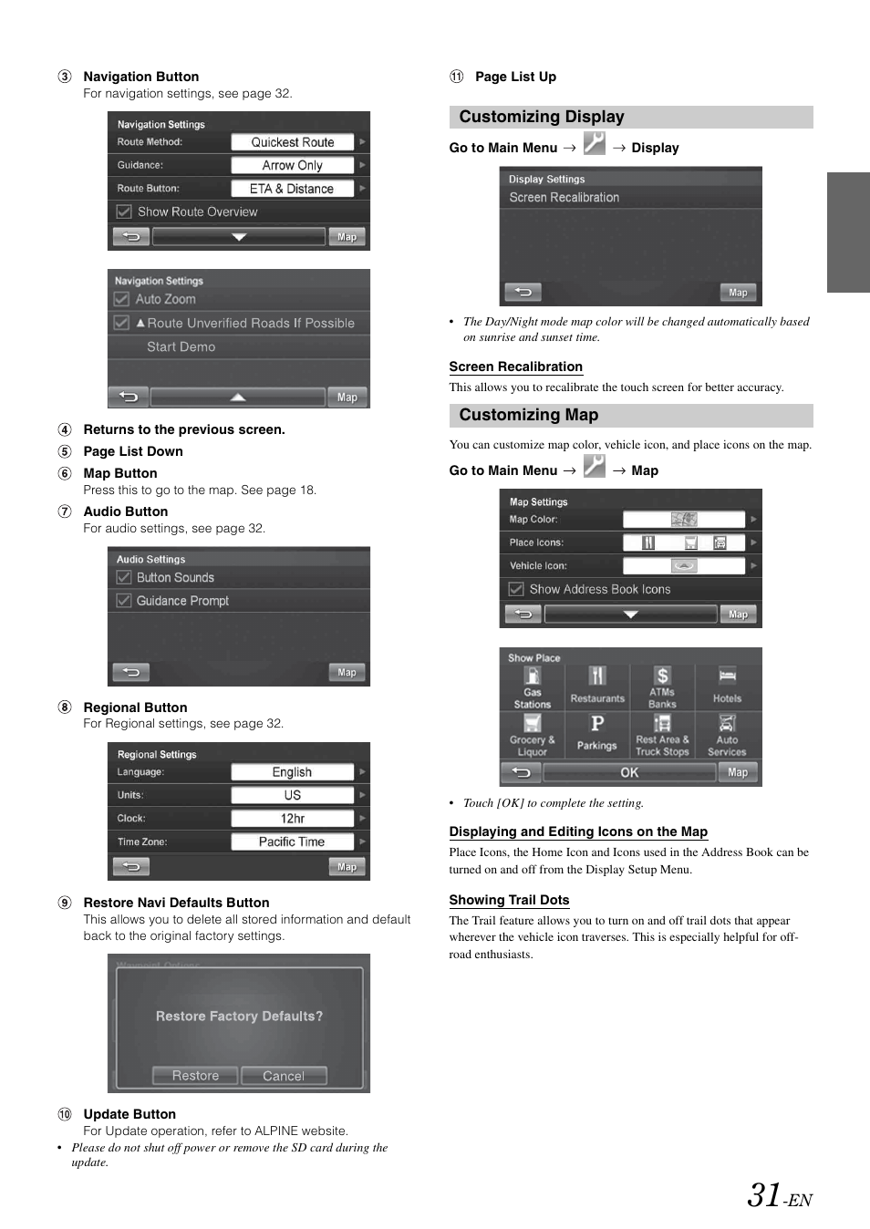 Customizing display, Customizing map, Customizing display customizing map | Alpine INA-W900 User Manual | Page 33 / 101