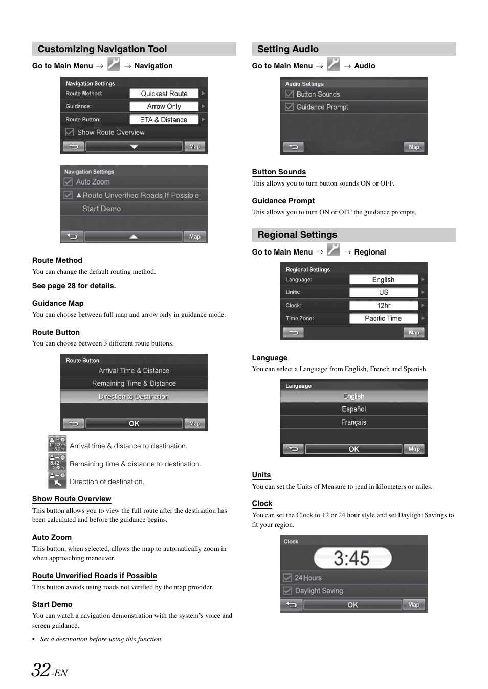 Customizing navigation tool, Setting audio, Regional settings | Alpine INA-W900 User Manual | Page 34 / 101