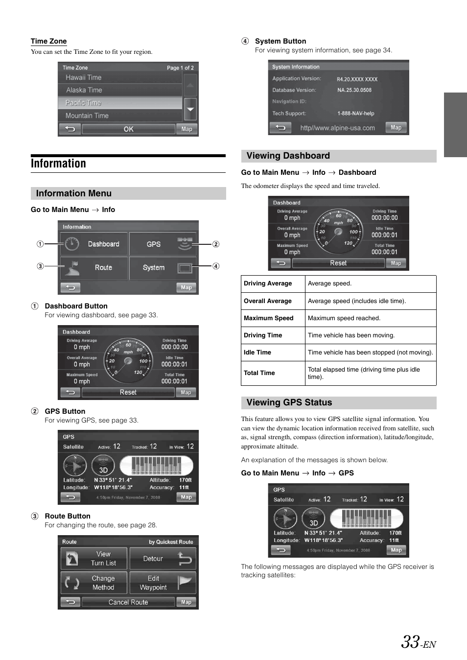 Information, Information menu, Viewing dashboard | Viewing gps status, Information menu viewing dashboard | Alpine INA-W900 User Manual | Page 35 / 101