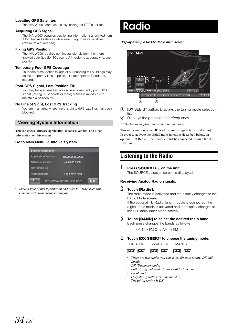 Viewing system information, Radio, Listening to the radio | Alpine INA-W900 User Manual | Page 36 / 101