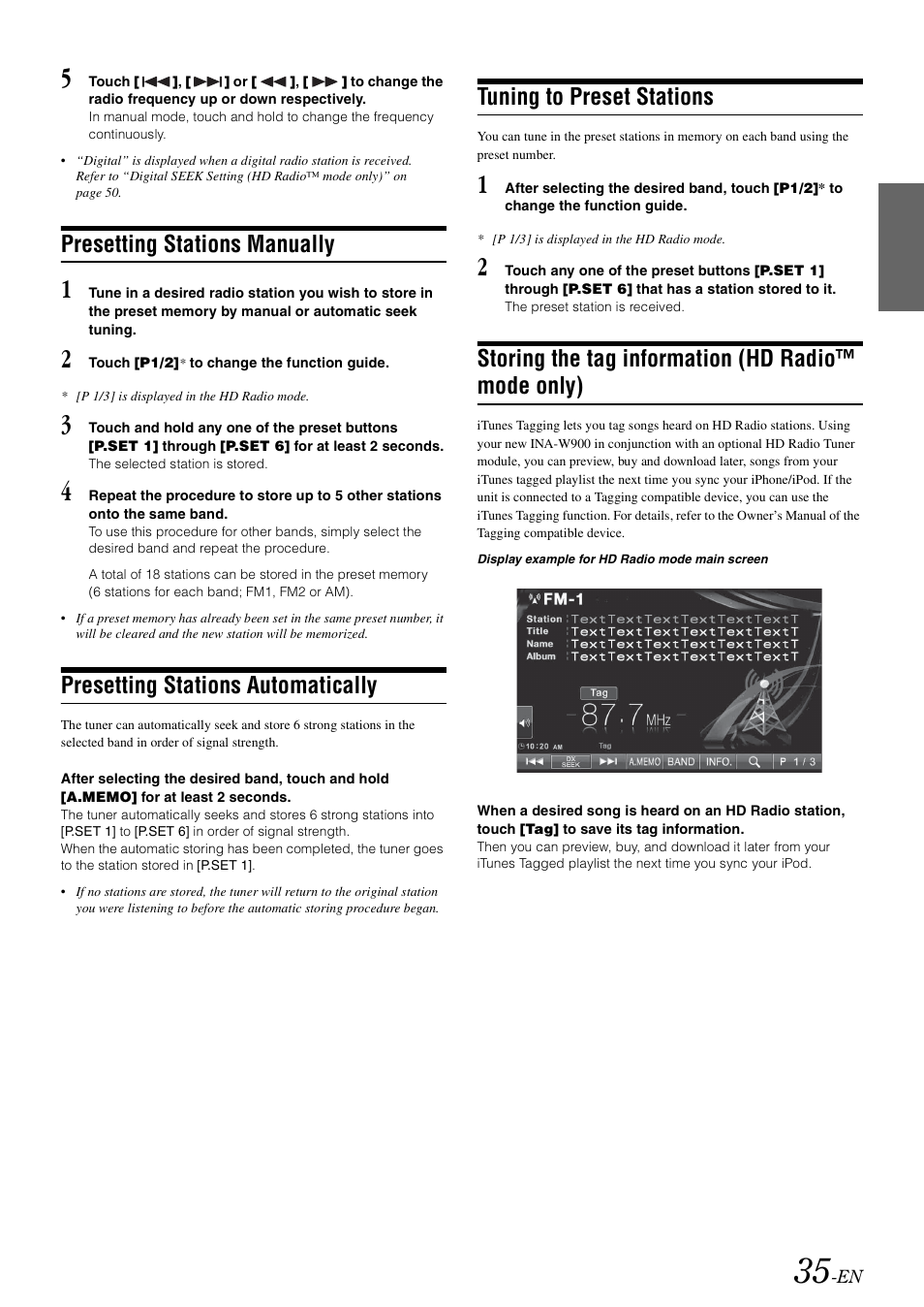 Presetting stations manually, Presetting stations automatically, Tuning to preset stations | Storing the tag information (hd radio™ mode only), Storing the tag information, Hd radio™ mode only) | Alpine INA-W900 User Manual | Page 37 / 101