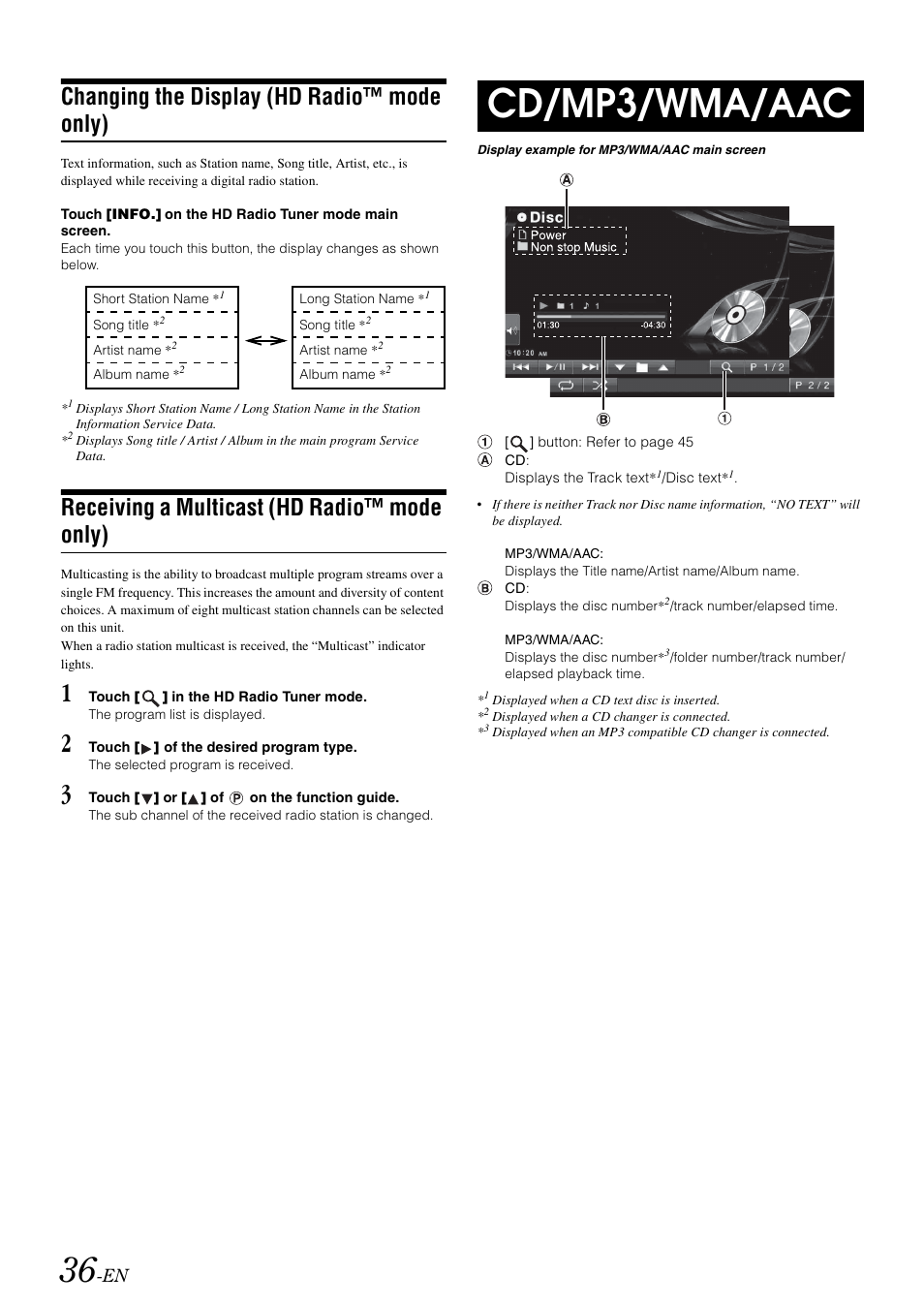 Changing the display (hd radio™ mode only), Receiving a multicast (hd radio™ mode only), Cd/mp3/wma/aac | Changing the display, Hd radio™ mode only), Receiving a multicast | Alpine INA-W900 User Manual | Page 38 / 101