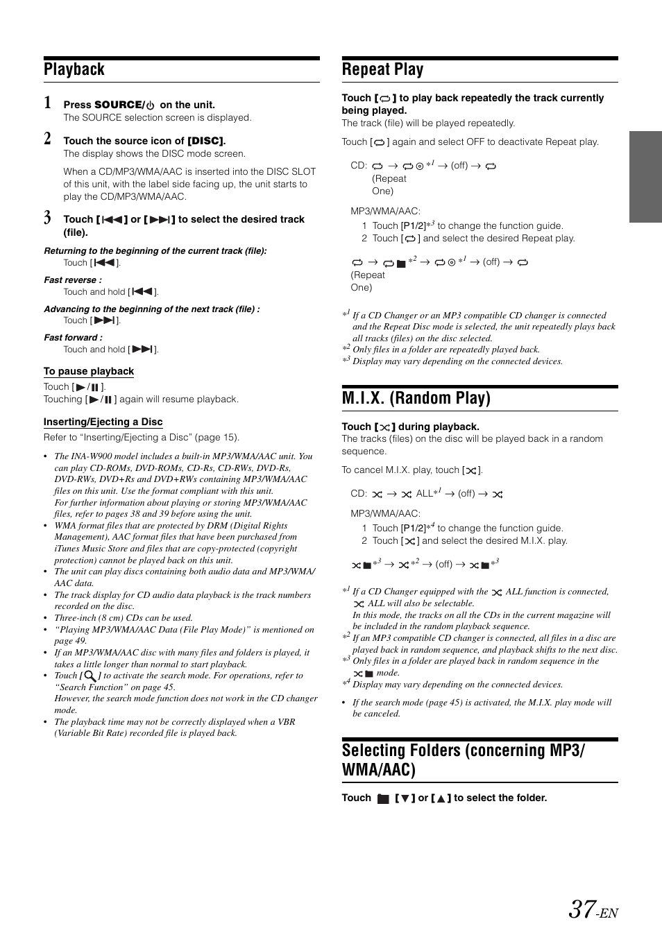 Playback, Repeat play, M.i.x. (random play) | Selecting folders (concerning mp3/ wma/aac), Selecting folders, Concerning mp3/wma/aac) | Alpine INA-W900 User Manual | Page 39 / 101