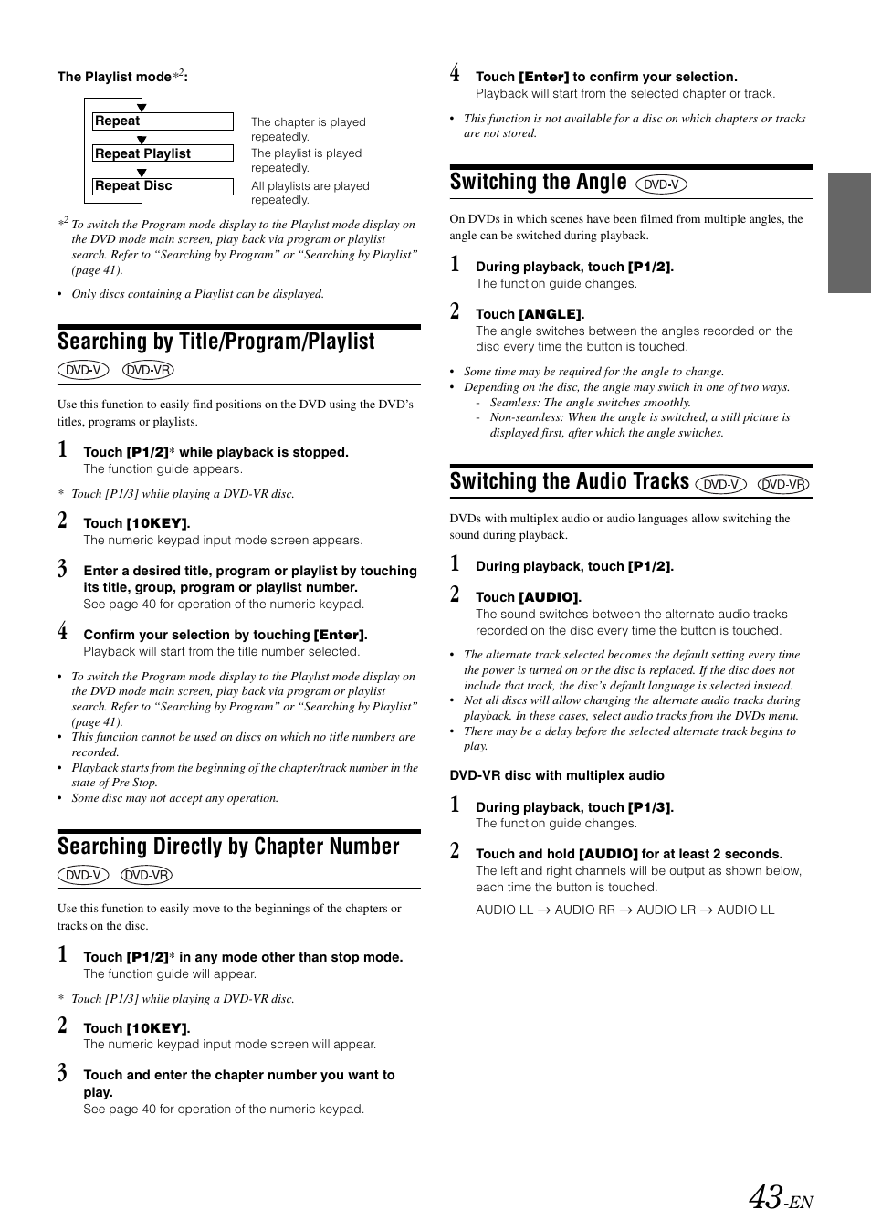 Searching by title/program/playlist, Searching directly by chapter number, Switching the angle | Switching the audio tracks | Alpine INA-W900 User Manual | Page 45 / 101