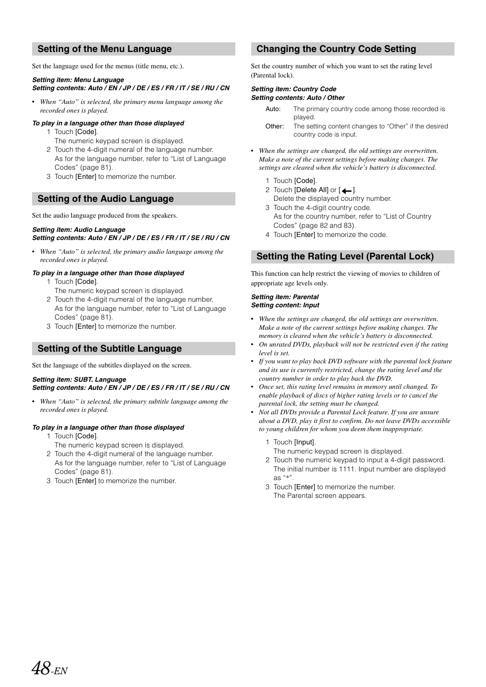 Setting of the menu language, Setting of the audio language, Setting of the subtitle language | Changing the country code setting, Setting the rating level (parental lock), Parental lock) | Alpine INA-W900 User Manual | Page 50 / 101