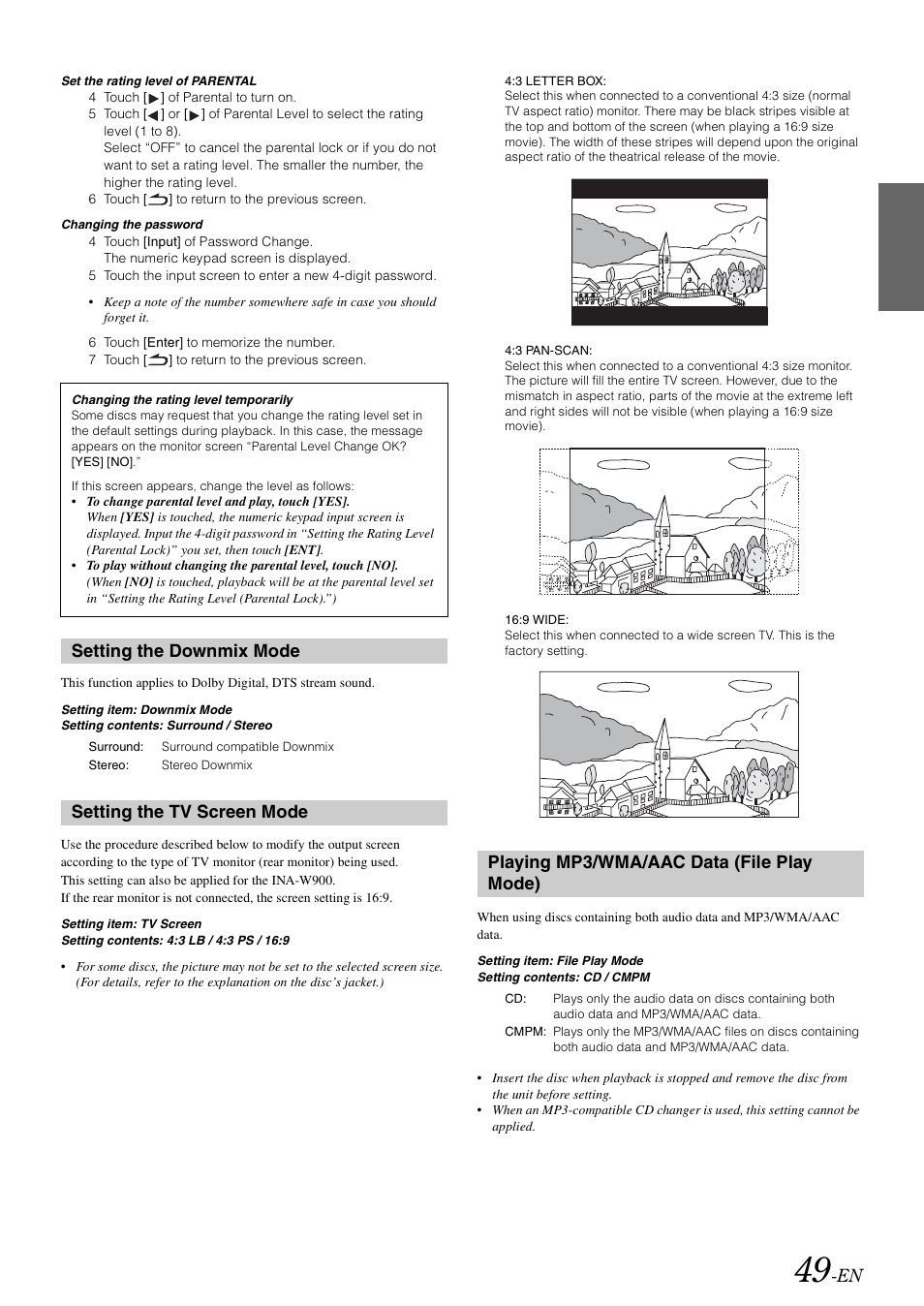 Setting the downmix mode, Setting the tv screen mode, Playing mp3/wma/aac data (file play mode) | File play mode) | Alpine INA-W900 User Manual | Page 51 / 101
