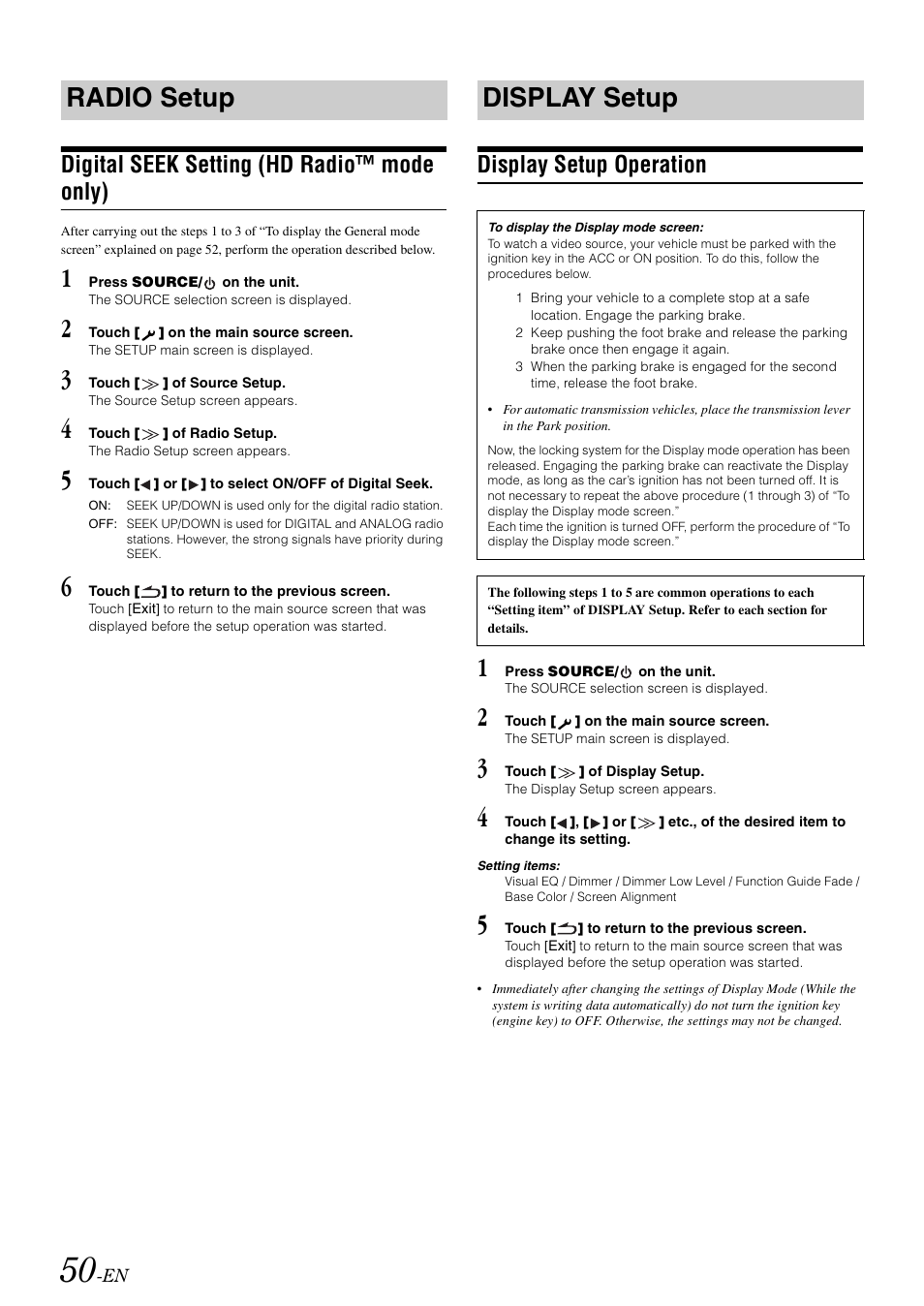 Radio setup, Digital seek setting (hd radio™ mode only), Display setup | Display setup operation, Digital seek setting, Hd radio™ mode only) | Alpine INA-W900 User Manual | Page 52 / 101