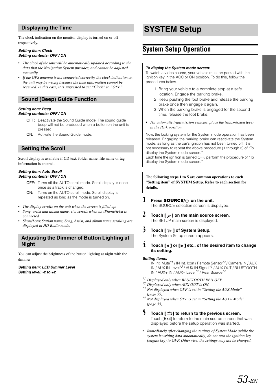 Displaying the time, Sound (beep) guide function, Setting the scroll | Adjusting the dimmer of button lighting at night, System setup, System setup operation, At night, Displaying the time sound (beep) guide function | Alpine INA-W900 User Manual | Page 55 / 101