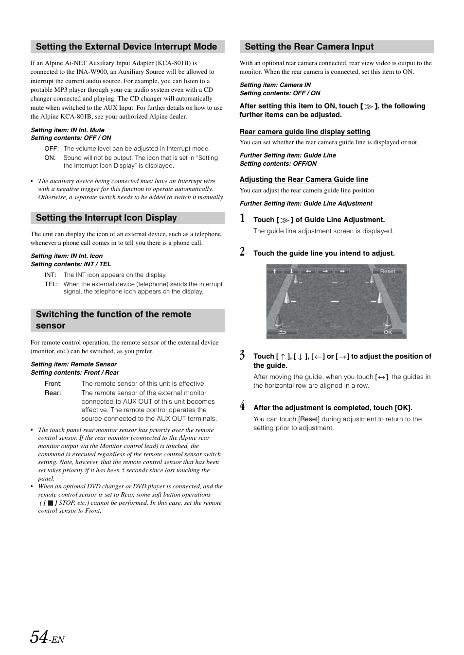 Setting the external device interrupt mode, Setting the interrupt icon display, Switching the function of the remote sensor | Setting the rear camera input, Setting the external device, Interrupt mode, Sensor | Alpine INA-W900 User Manual | Page 56 / 101