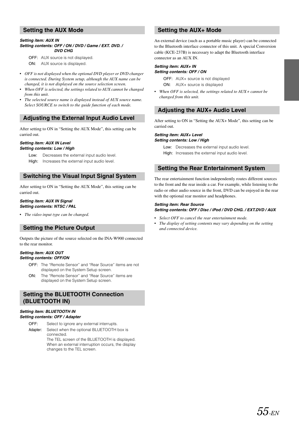 Setting the aux mode, Adjusting the external input audio level, Switching the visual input signal system | Setting the picture output, Setting the bluetooth connection (bluetooth in), Setting the aux+ mode, Adjusting the aux+ audio level, Setting the rear entertainment system, Setting the aux mode adjusting the external input, Audio level | Alpine INA-W900 User Manual | Page 57 / 101