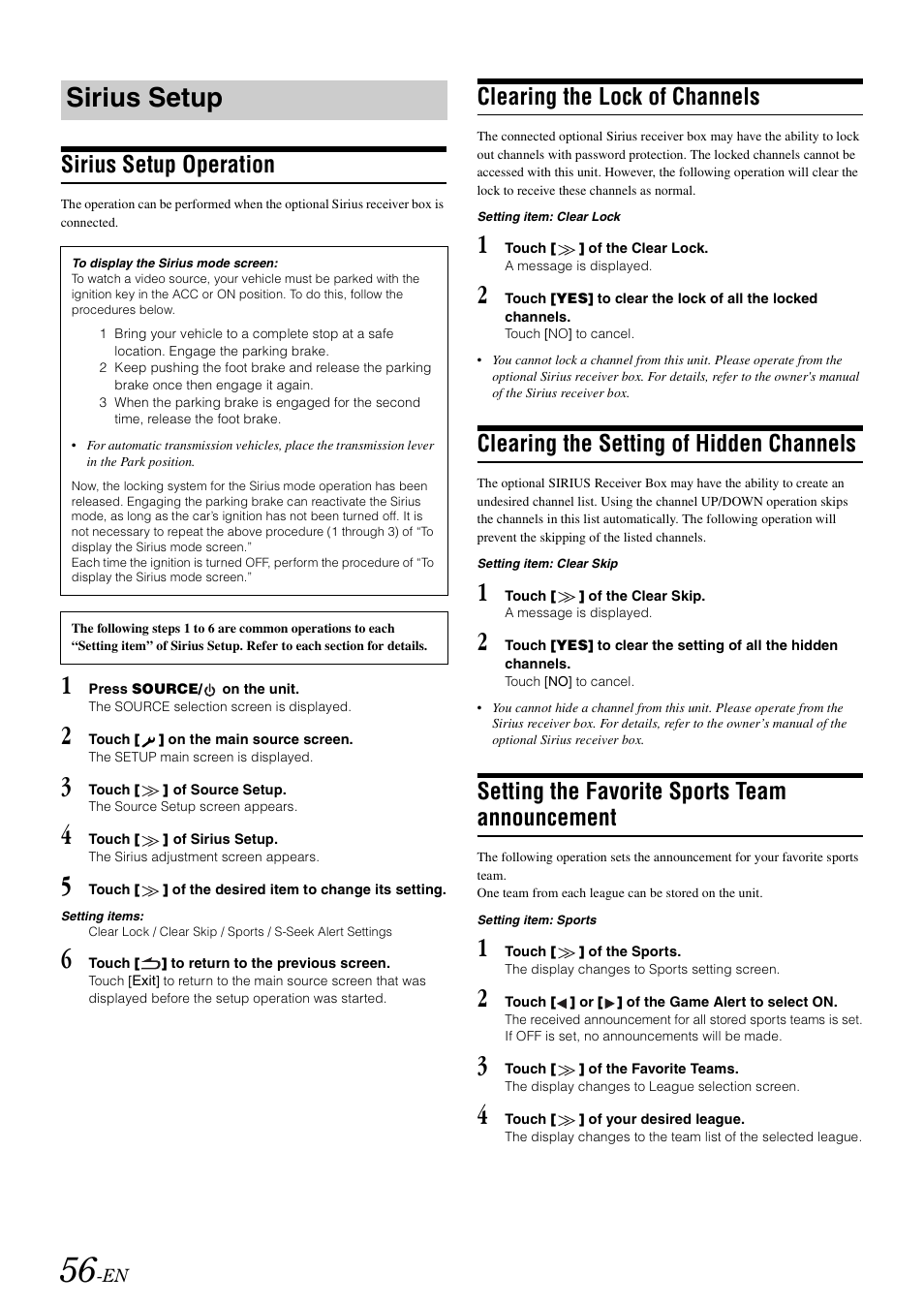 Sirius setup, Sirius setup operation, Clearing the lock of channels | Clearing the setting of hidden channels, Setting the favorite sports team announcement, Setting the favorite sports team, Announcement | Alpine INA-W900 User Manual | Page 58 / 101