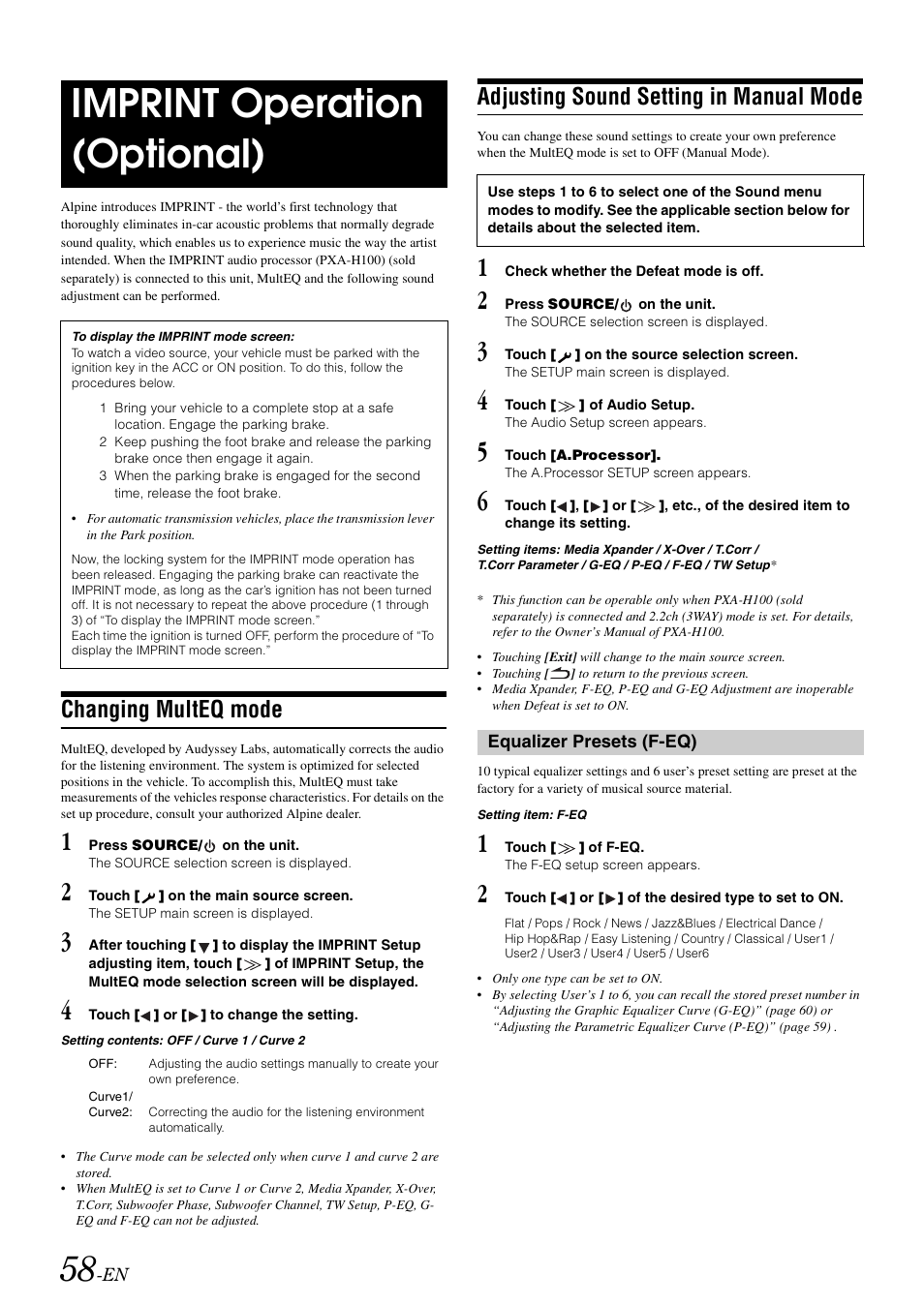 Imprint operation (optional), Changing multeq mode, Adjusting sound setting in manual mode | Alpine INA-W900 User Manual | Page 60 / 101