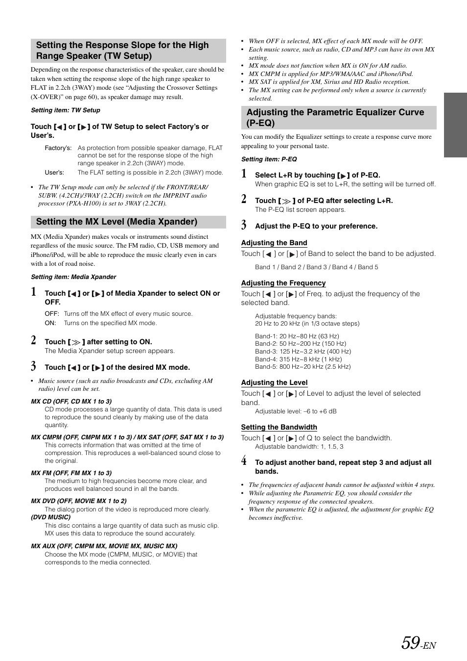 Setting the mx level (media xpander), Adjusting the parametric equalizer curve (p-eq) | Alpine INA-W900 User Manual | Page 61 / 101