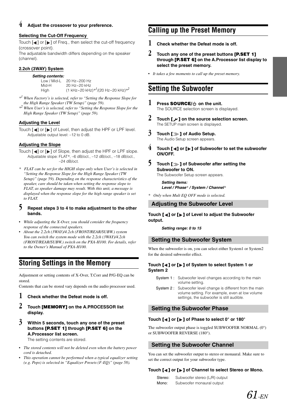Storing settings in the memory, Calling up the preset memory, Setting the subwoofer | Alpine INA-W900 User Manual | Page 63 / 101