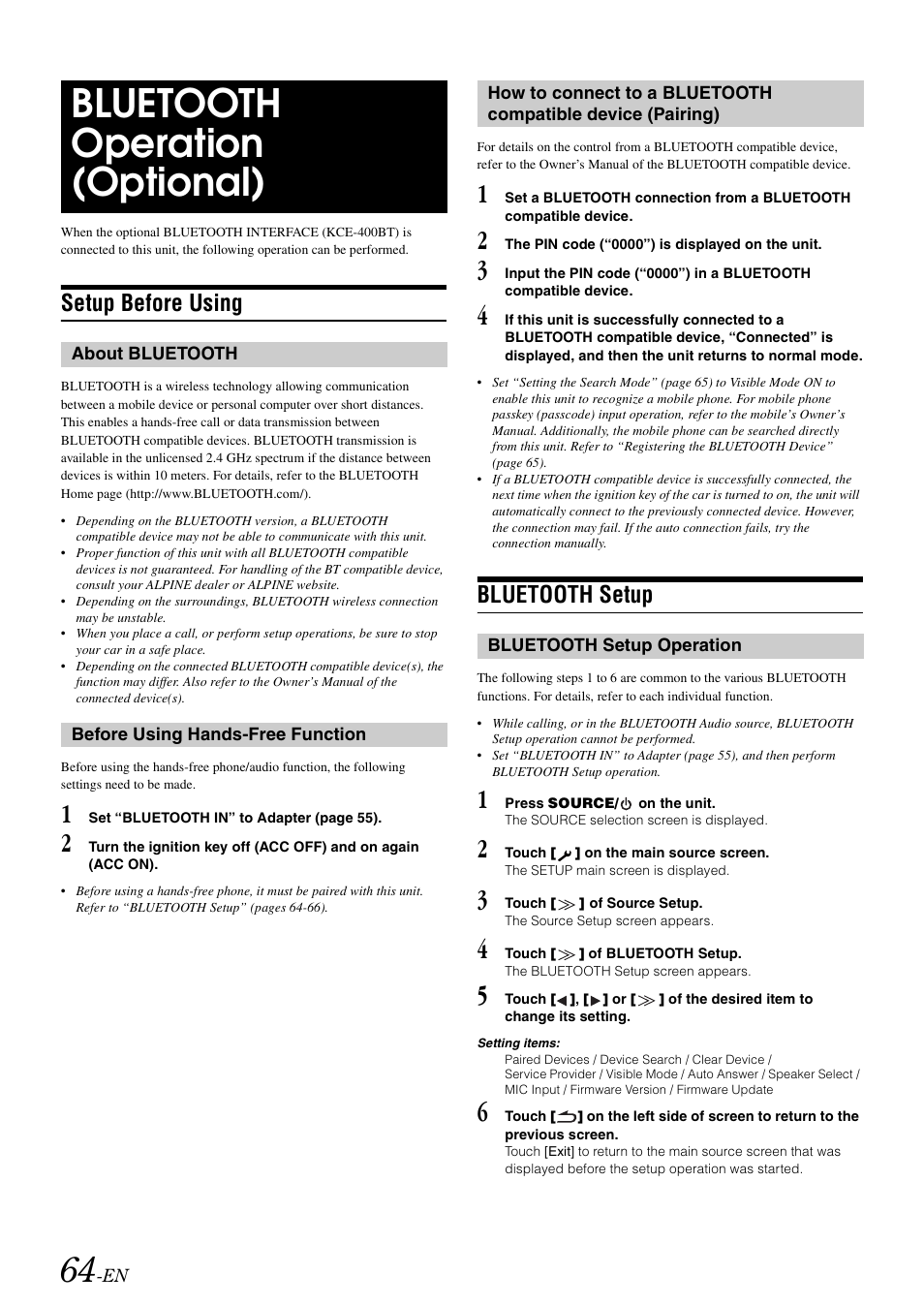 Bluetooth operation (optional), Setup before using, About bluetooth | Before using hands-free function, Bluetooth setup, Bluetooth setup operation, Compatible device (pairing) | Alpine INA-W900 User Manual | Page 66 / 101