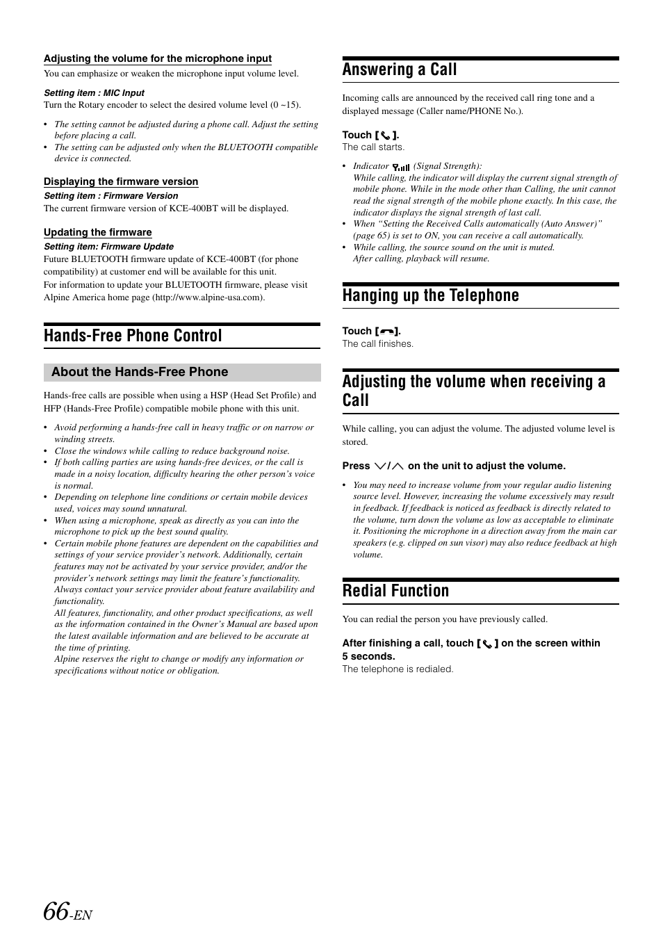 Hands-free phone control, About the hands-free phone, Answering a call | Hanging up the telephone, Adjusting the volume when receiving a call, Redial function, Adjusting the volume when receiving, A call | Alpine INA-W900 User Manual | Page 68 / 101