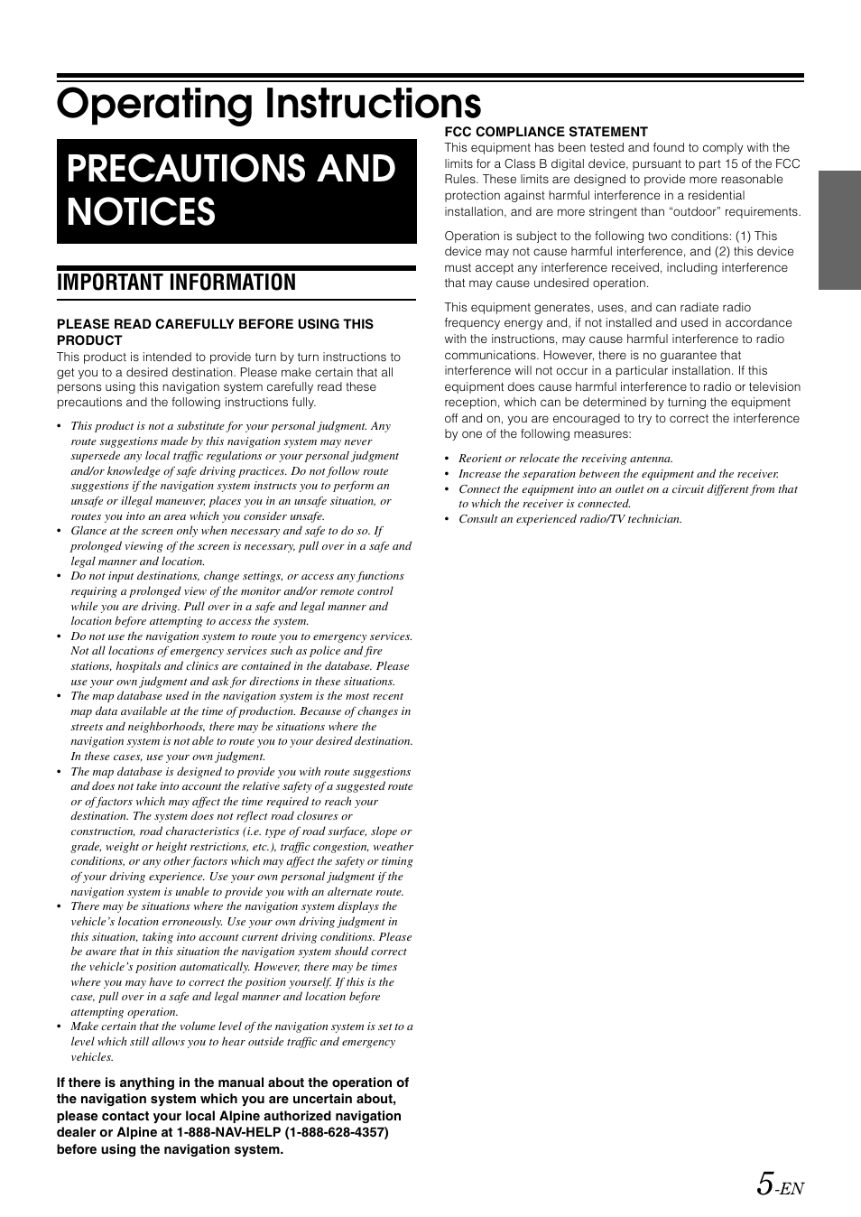 Operating instructions, Precautions and notices, Important information | Alpine INA-W900 User Manual | Page 7 / 101