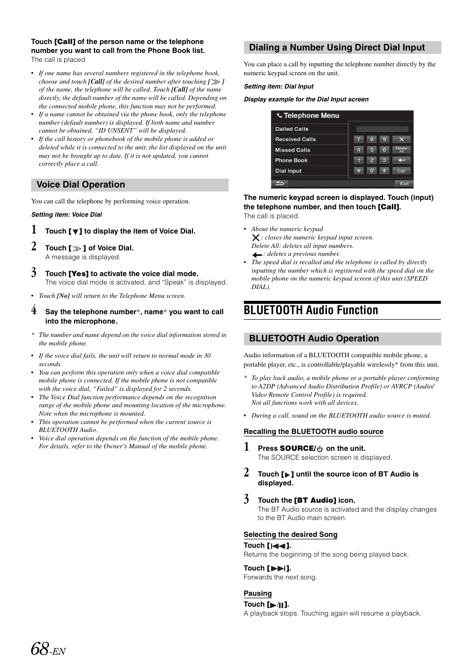 Voice dial operation, Dialing a number using direct dial input, Bluetooth audio function | Bluetooth audio operation, Voice dial operation dialing a number using direct, Dial input | Alpine INA-W900 User Manual | Page 70 / 101