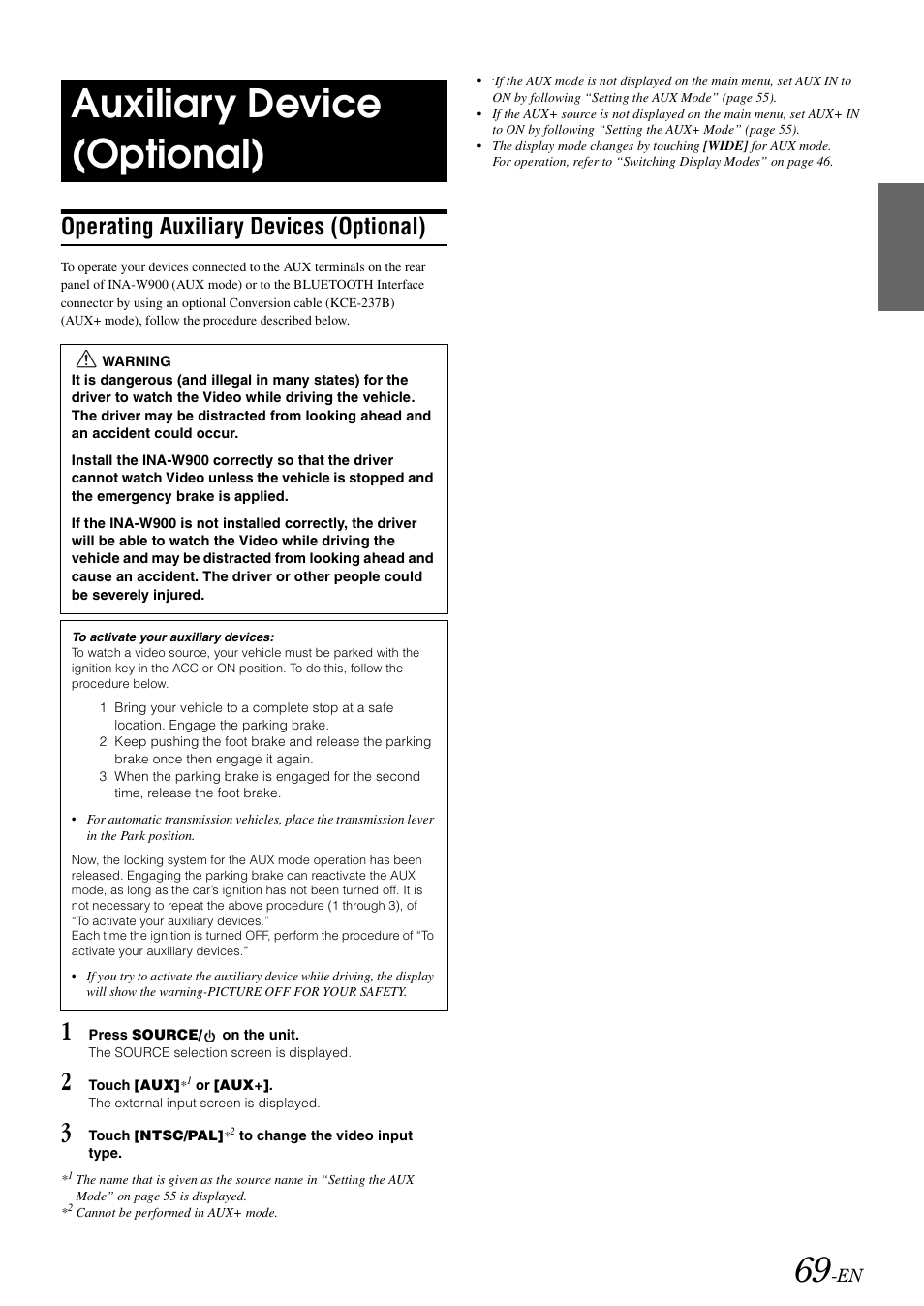 Auxiliary device (optional), Operating auxiliary devices (optional) | Alpine INA-W900 User Manual | Page 71 / 101