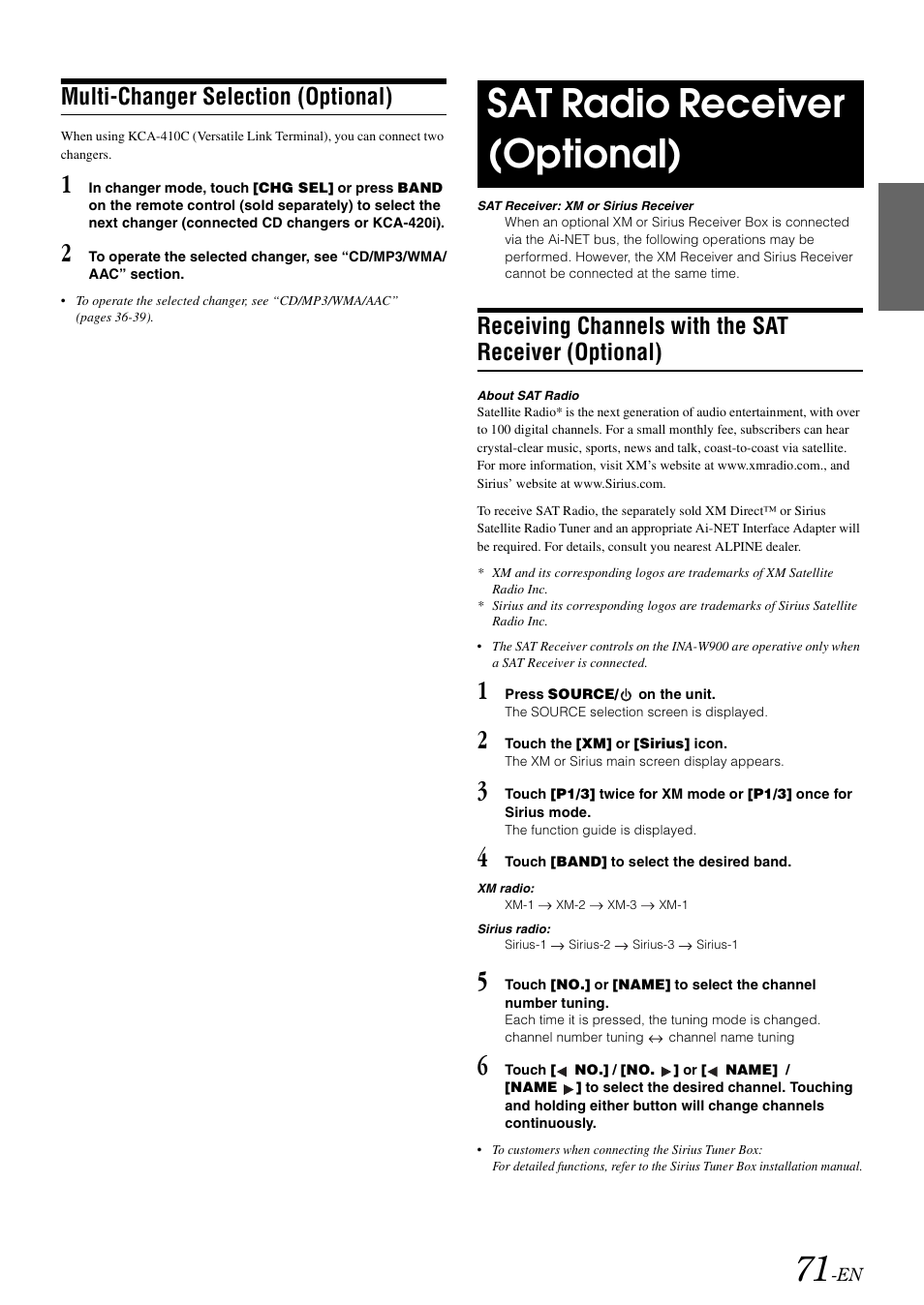 Multi-changer selection (optional), Sat radio receiver (optional), Receiving channels with the sat receiver | Optional) | Alpine INA-W900 User Manual | Page 73 / 101