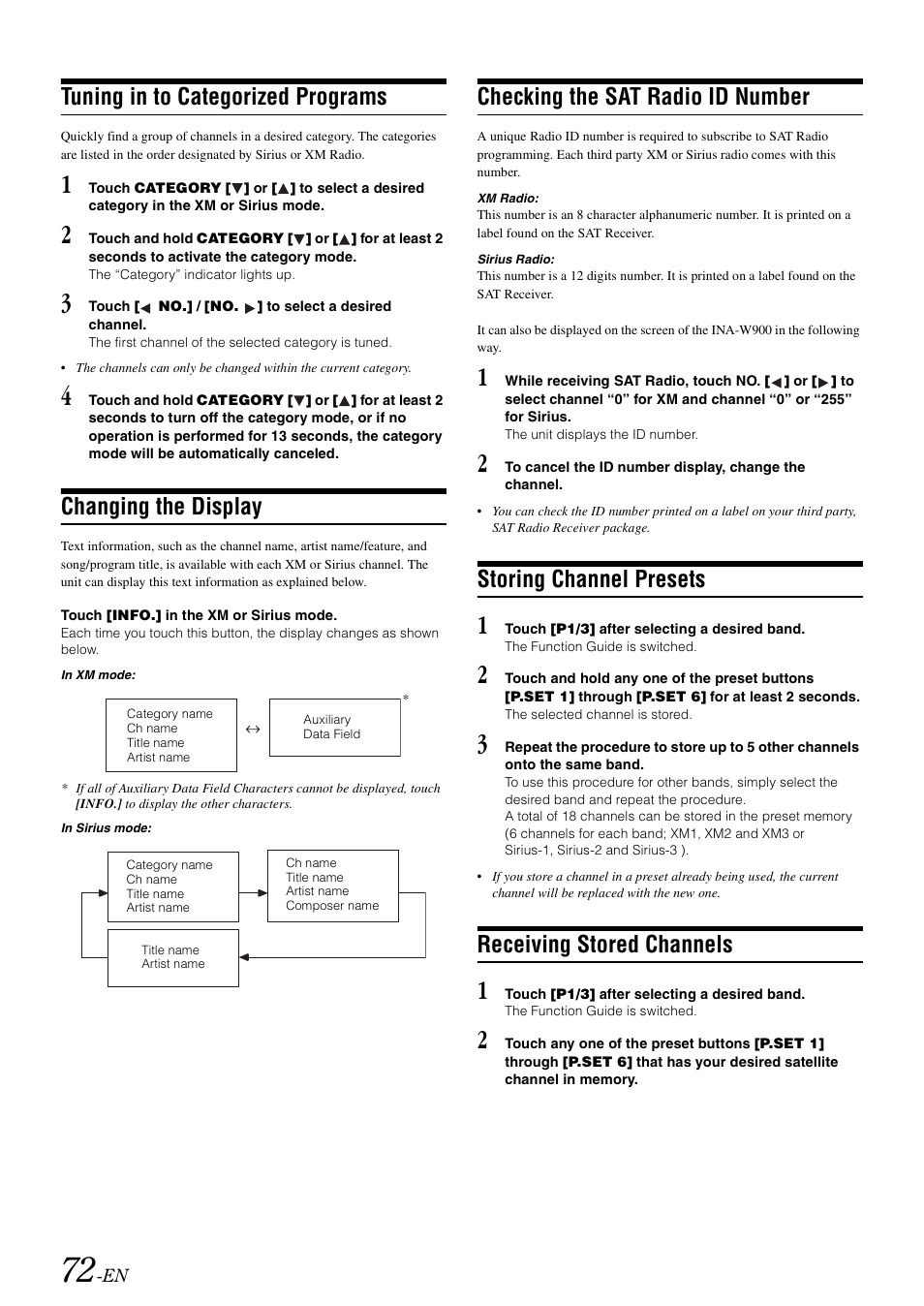 Tuning in to categorized programs, Changing the display, Checking the sat radio id number | Storing channel presets, Receiving stored channels | Alpine INA-W900 User Manual | Page 74 / 101