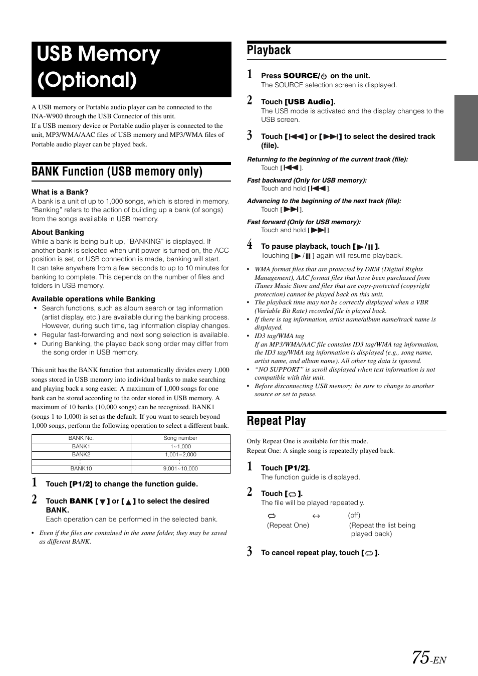 Usb memory (optional), Bank function (usb memory only), Playback | Repeat play | Alpine INA-W900 User Manual | Page 77 / 101