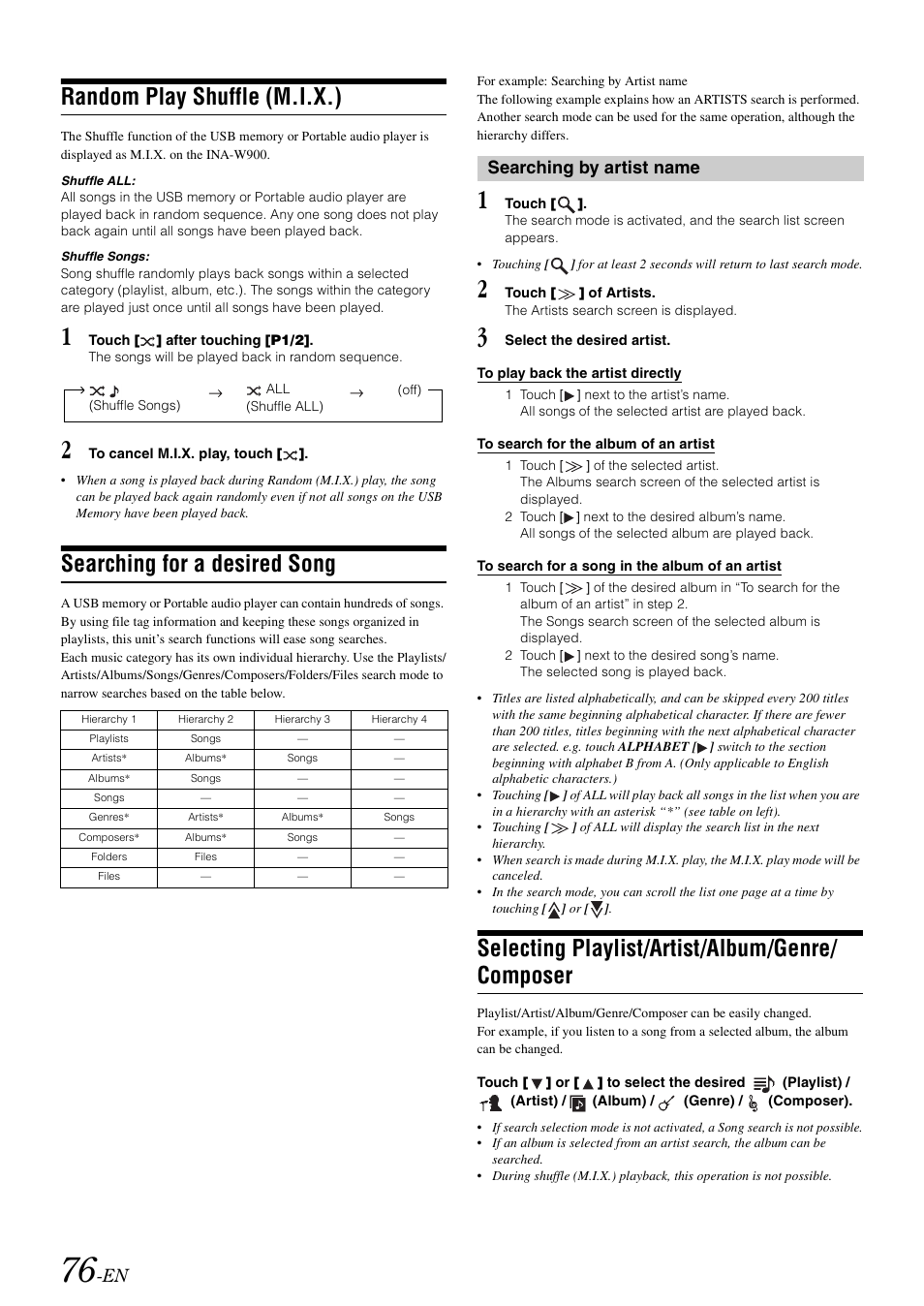 Random play shuffle (m.i.x.), Searching for a desired song, Searching by artist name | Selecting playlist/artist/album/genre/ composer, Selecting playlist/artist/album, Genre/composer | Alpine INA-W900 User Manual | Page 78 / 101