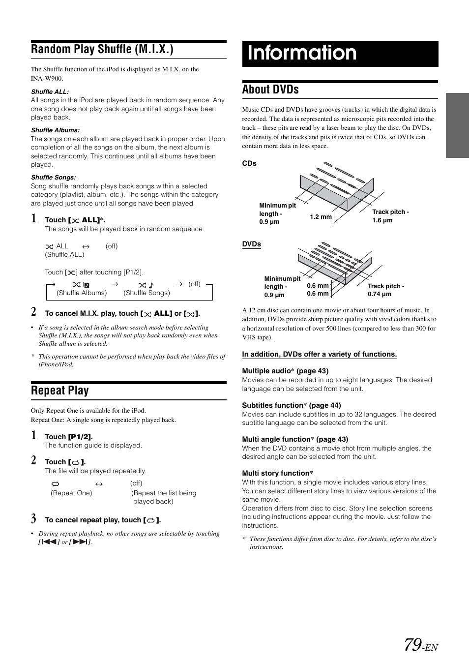 Random play shuffle (m.i.x.), Repeat play, Information | About dvds | Alpine INA-W900 User Manual | Page 81 / 101