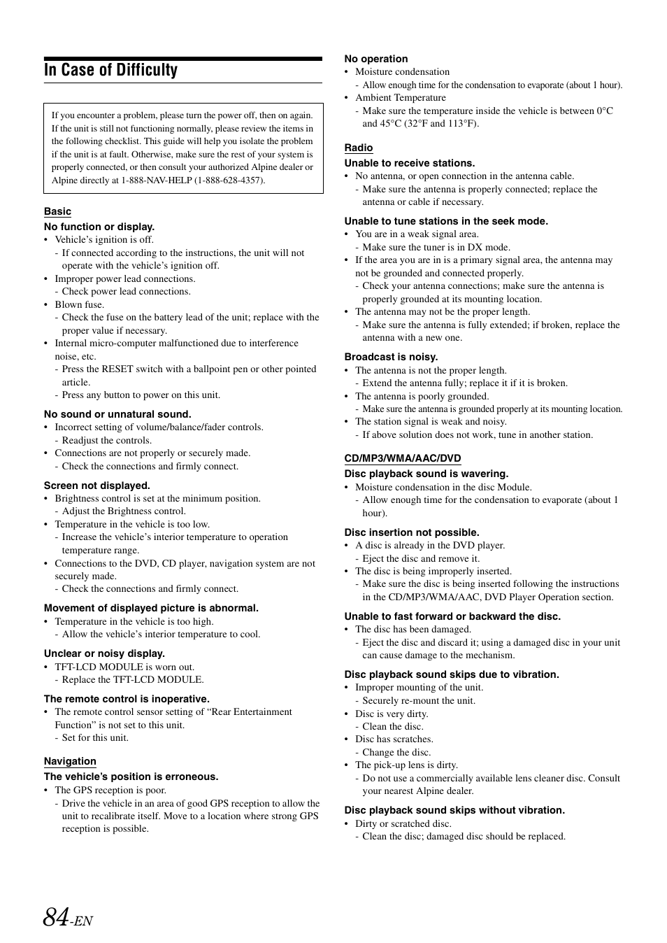 In case of difficulty | Alpine INA-W900 User Manual | Page 86 / 101