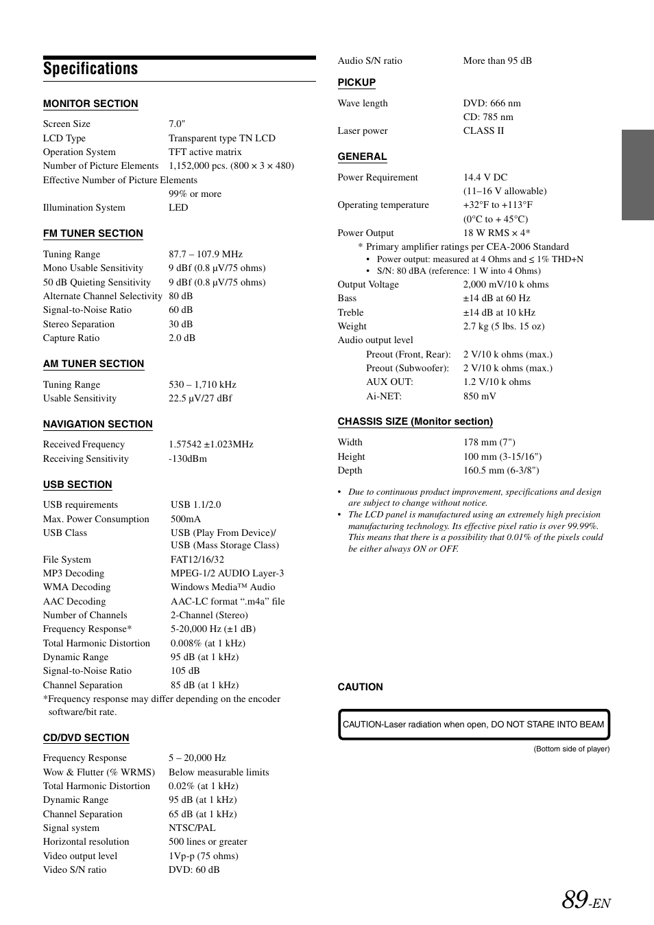 Specifications | Alpine INA-W900 User Manual | Page 91 / 101